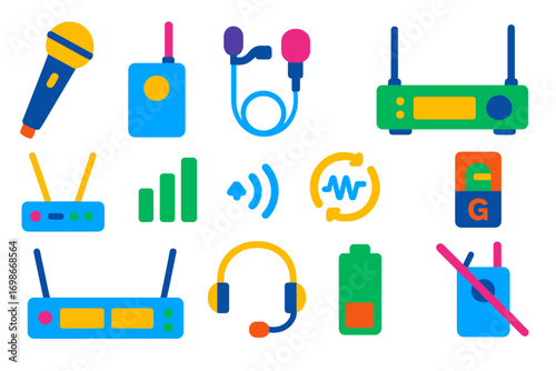 Wireless Microphone Icons. Flat vector icons of wireless microphone systems: wireless handheld mic, belt pack transmitter, clip-on
