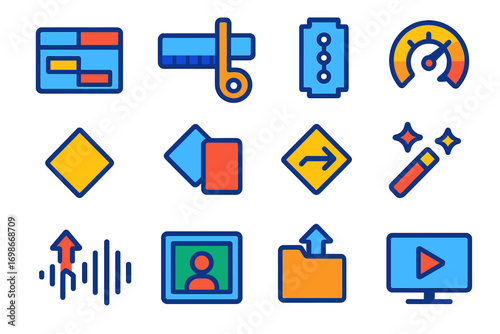 Bold Video Editing Icons. Flat vector icons of video editing tools: timeline editor, trim clip, razor blade tool, keyframe diamond