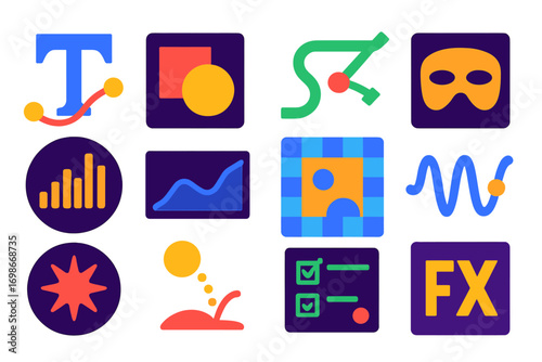 Motion Graphics Icons. Flat vector icons of motion graphics tools: typography animation, shape layer icon, trim paths tool, mask