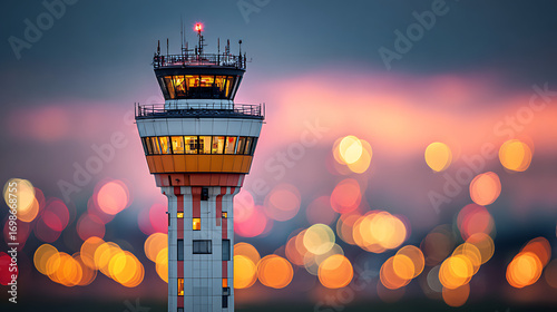 airport control tower scene with soft bokeh lights against clear sky representing modern aviation air traffic management flight control technology and airport operations