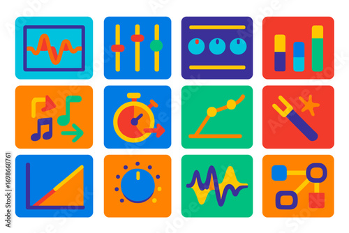Sound Editing Icons. Flat vector icons of sound editing tools: waveform editor, equalizer interface, compressor plugin, reverb