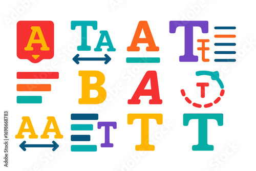 Typography Tools Icons. Flat vector icons of typography design tools: font selector, kerning icon, baseline icon, line height,
