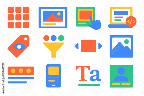 Modern Portfolio Icons. Flat vector icons of portfolio graphics: grid layout icon, case study thumbnail, hover effect preview,