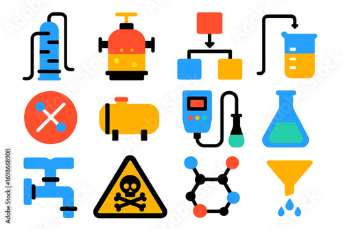 Chemical Engineering Icons. Flat vector icons of chemical engineering: distillation column, chemical reactor, beaker with fluid,