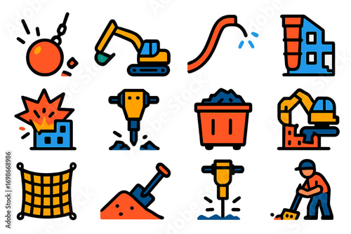 Demolition Icons Set. Flat vector icons of demolition and site clearing: wrecking ball, demolition excavator, dust control hose,