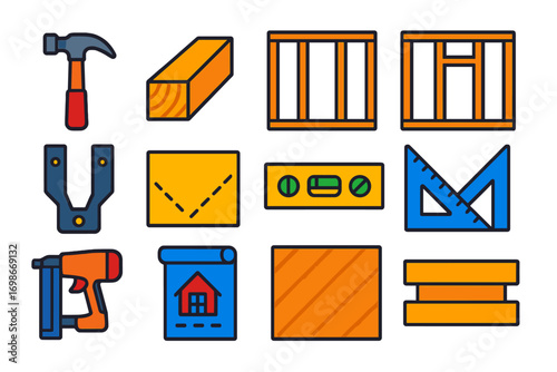 Vibrant Carpentry Icons. Flat vector icons of framing carpentry: framing hammer, 2x4 beam, stud wall, wall frame, joist hanger,