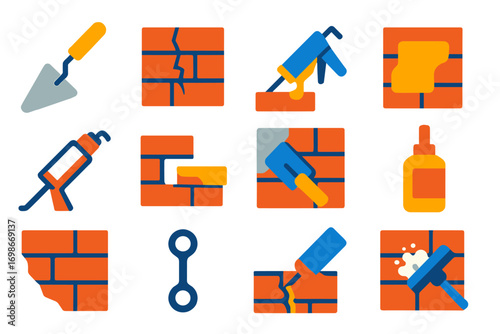 Masonry Repair Icons. Flat vector icons of masonry repair: tuckpointing tool, cracked brick, repointing process, mortar patch, gap