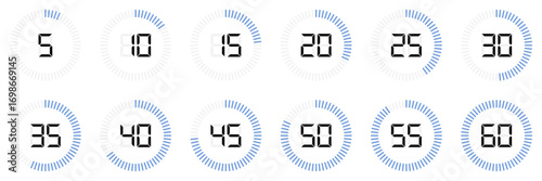 Digital countdown timer icons from 5 to 60 second, circular progress bars in blue, vector design set. Timer and stopwatch icon set with digital numbers. Digital clock for time with second symbols.
