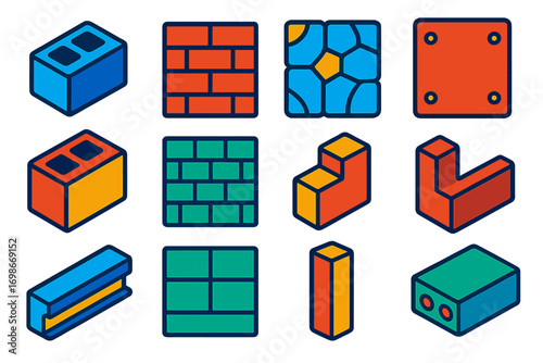 Colorful Masonry Icons. Flat vector icons of prefabricated masonry: precast block, brick veneer, modular stone, cladding panel,