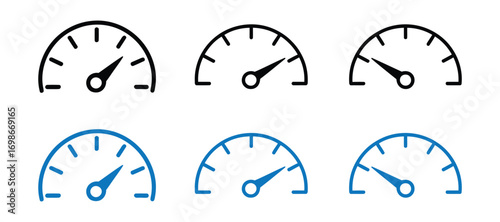 Set of speedometer icons, black and blue, isolated on transparent background