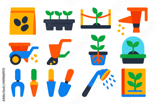 Gardening Tool Icons. Flat vector icons of planting and seeding: seed packet, seedling tray, planting line, hand seeder, seed