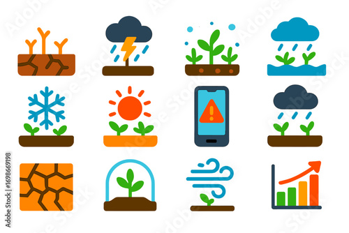 Agricultural Weather Icons. Flat vector icons of agricultural weather impact: droughted field, storm over crops, hail damage,