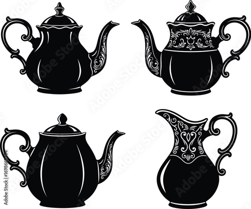 Collection of four ornate vintage black and white silhouette illustrations of teapots and a creamer jug