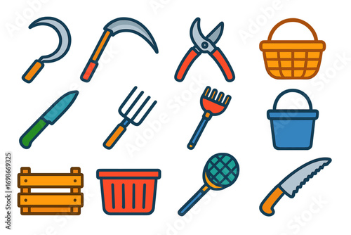 Harvest Tools Icons. Flat vector icons of manual harvest tools: sickle, scythe, hand pruner, harvesting basket, produce knife,