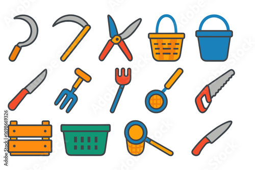 Harvest Tools Icons. Flat vector icons of manual harvest tools: sickle, scythe, hand pruner, harvesting basket, produce knife,