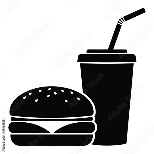 Vector art of black silhouette of a hamburger and a soda cup with straw