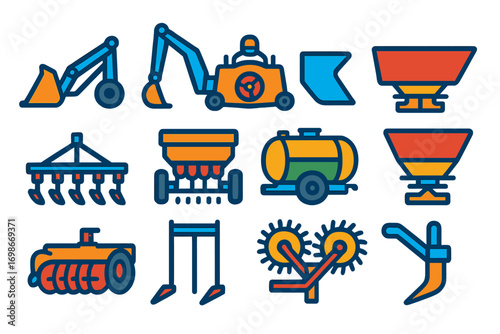 Vibrant Tractor Attachments. Flat vector icons of tractor attachments: front loader, backhoe, mower deck, plow blade, harrow, seed
