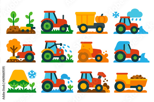 Seasonal Tractor Icons. Flat vector icons of seasonal tractor use: spring soil prep, summer mowing, autumn harvest pulling, winter