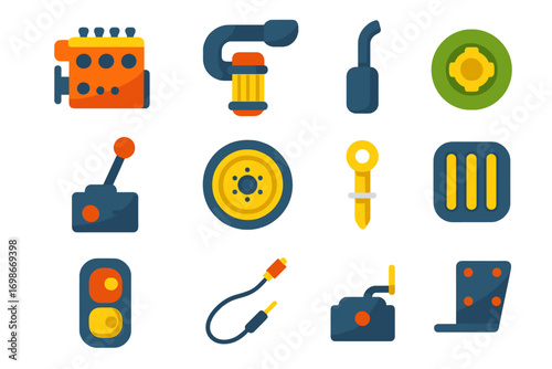 Tractor Parts Icons. Flat vector icons of tractor parts: engine block, air intake, exhaust pipe, hydraulic lever, wheel rim, fuel
