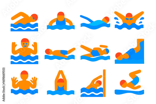 Swimming Stroke Icons. Flat vector icons of swimming strokes: freestyle, breaststroke, backstroke, butterfly, dog paddle,