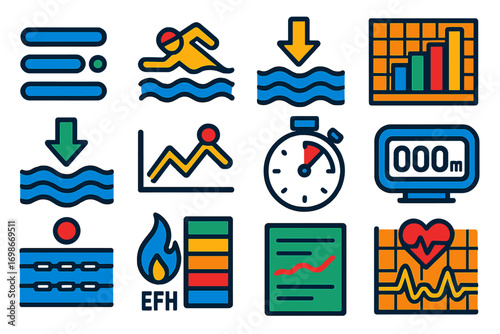 Swim Workout Icons. Flat vector icons of swim workouts: interval set icon, warm-up swimmer, drill symbol, main set chart, cooldown