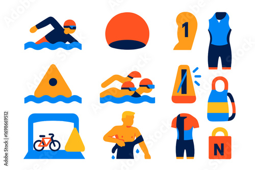 Triathlon Swim Icons. Flat vector icons of triathlon swimming: wetsuit swimmer, race cap, numbered arm, open water buoy, group