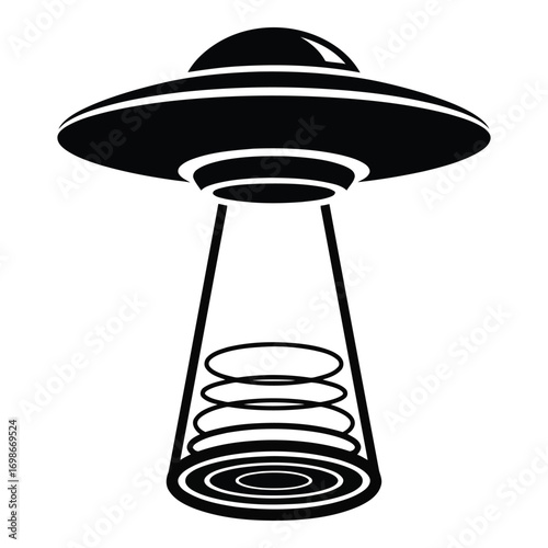 Vector art of black and white illustration of a flying saucer with a light beam