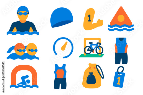 Triathlon Swim Icons. Flat vector icons of triathlon swimming: wetsuit swimmer, race cap, numbered arm, open water buoy, group