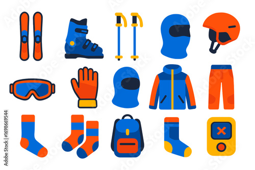 Ski Gear Icons. Flat vector icons of skiing gear: alpine skis, ski boots, ski poles, helmet, ski goggles, ski gloves, balaclava,