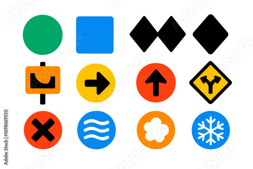 Colorful Ski Icons. Flat vector icons of ski trail symbols: green circle, blue square, black diamond, double black diamond,