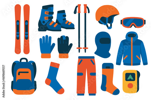 Ski Gear Icons. Flat vector icons of skiing gear: alpine skis, ski boots, ski poles, helmet, ski goggles, ski gloves, balaclava,