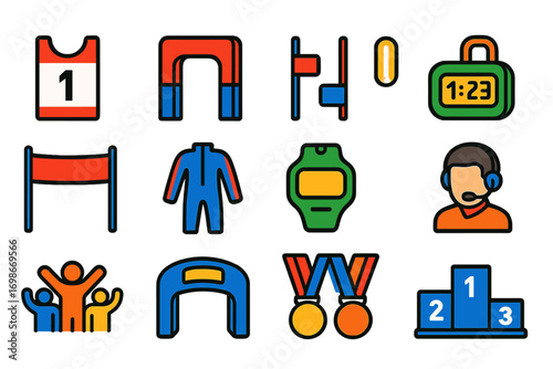 Ski Race Flat Icons. Flat vector icons of ski race events: race bib, starting gate, slalom gates, timing chip, finish line banner,