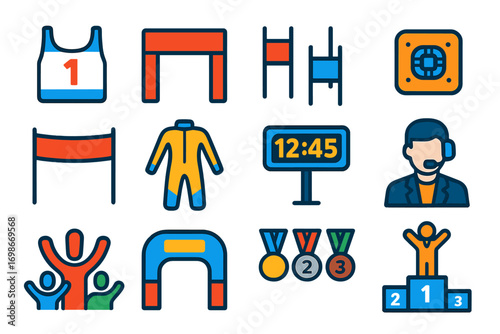 Ski Race Flat Icons. Flat vector icons of ski race events: race bib, starting gate, slalom gates, timing chip, finish line banner,