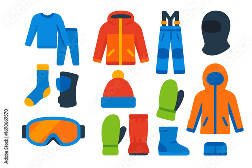 Snowboard Gear Icons. Flat vector icons of snowboard clothing: thermal base layer, insulated jacket, waterproof snow pants, fleece