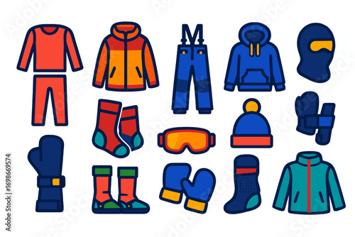 Snowboard Gear Icons. Flat vector icons of snowboard clothing: thermal base layer, insulated jacket, waterproof snow pants, fleece