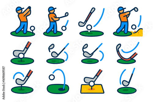Modern Golf Shots Icons. Flat vector icons of golf shots: tee shot, iron shot, chip shot, bunker shot, putt, fade shot, draw shot,