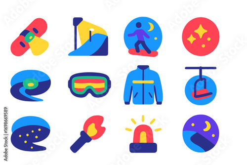 Night Snowboarding Icons. Flat vector icons of night snowboarding: board with headlamp, floodlit slope, moonlight ride, starry sky