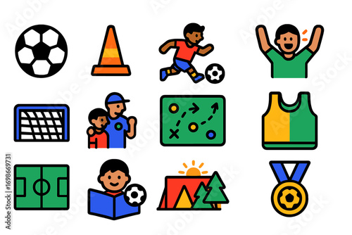 Youth Soccer Icons. Flat vector icons of youth soccer: mini ball, kids training cone, youth player, parent cheering, small