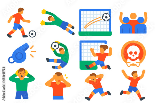 Penalty Shootout Icons. Flat vector icons of penalty shootout moments: penalty taker, goalkeeper dive, ball hitting post, crowd