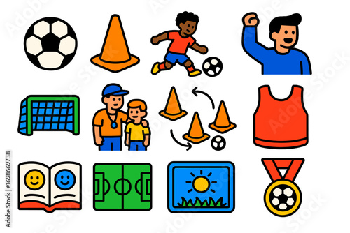 Youth Soccer Icons. Flat vector icons of youth soccer: mini ball, kids training cone, youth player, parent cheering, small