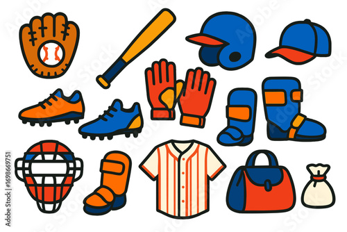 Bold Baseball Icons. Flat vector icons of baseball gear: baseball glove, baseball bat, helmet, cleats, batting gloves, baseball
