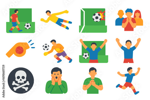 Penalty Shootout Icons. Flat vector icons of penalty shootout moments: penalty taker, goalkeeper dive, ball hitting post, crowd