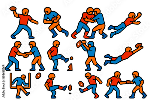 Football Action Icons. Flat vector icons of football actions: pass throw, rushing run, tackle hit, sack move, handoff motion,