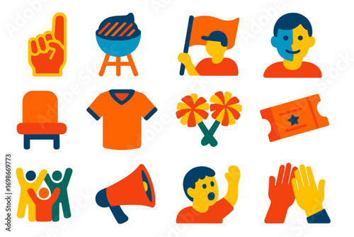 Football Fan Icons. Flat vector icons of football fans and audience: foam finger, tailgate grill, team flag, painted face, stadium