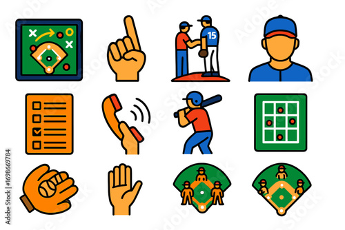 Baseball Coaching Icons. Flat vector icons of baseball coaching: strategy board, sign gesture, mound visit, coach with cap, lineup