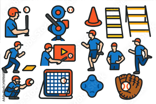 Baseball Training Icons. Flat vector icons of baseball training and drills: batting tee, pitching machine, fielding cone, agility