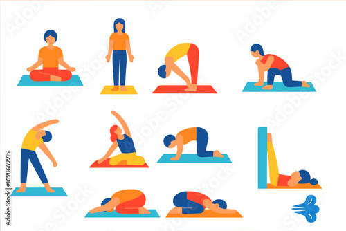 Vibrant Yoga Icons. Flat vector icons of yoga for beginners: easy pose, mountain pose, forward fold, knee-to-chest, bridge pose,