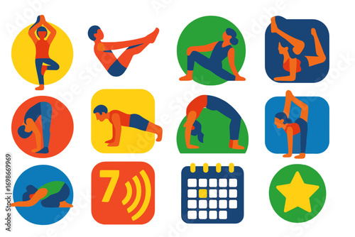 Yoga Challenge Icons. Flat vector icons of yoga challenge sets: balance poses, core flow, hip openers, twist week, flexibility