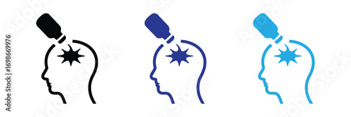 Icon representing a pill being dropped into a human head silhouette, isolated on transparent background