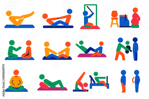 Pilates Class Icons. Flat vector icons of pilates class formats: mat class, reformer class, tower class, mixed equipment, private